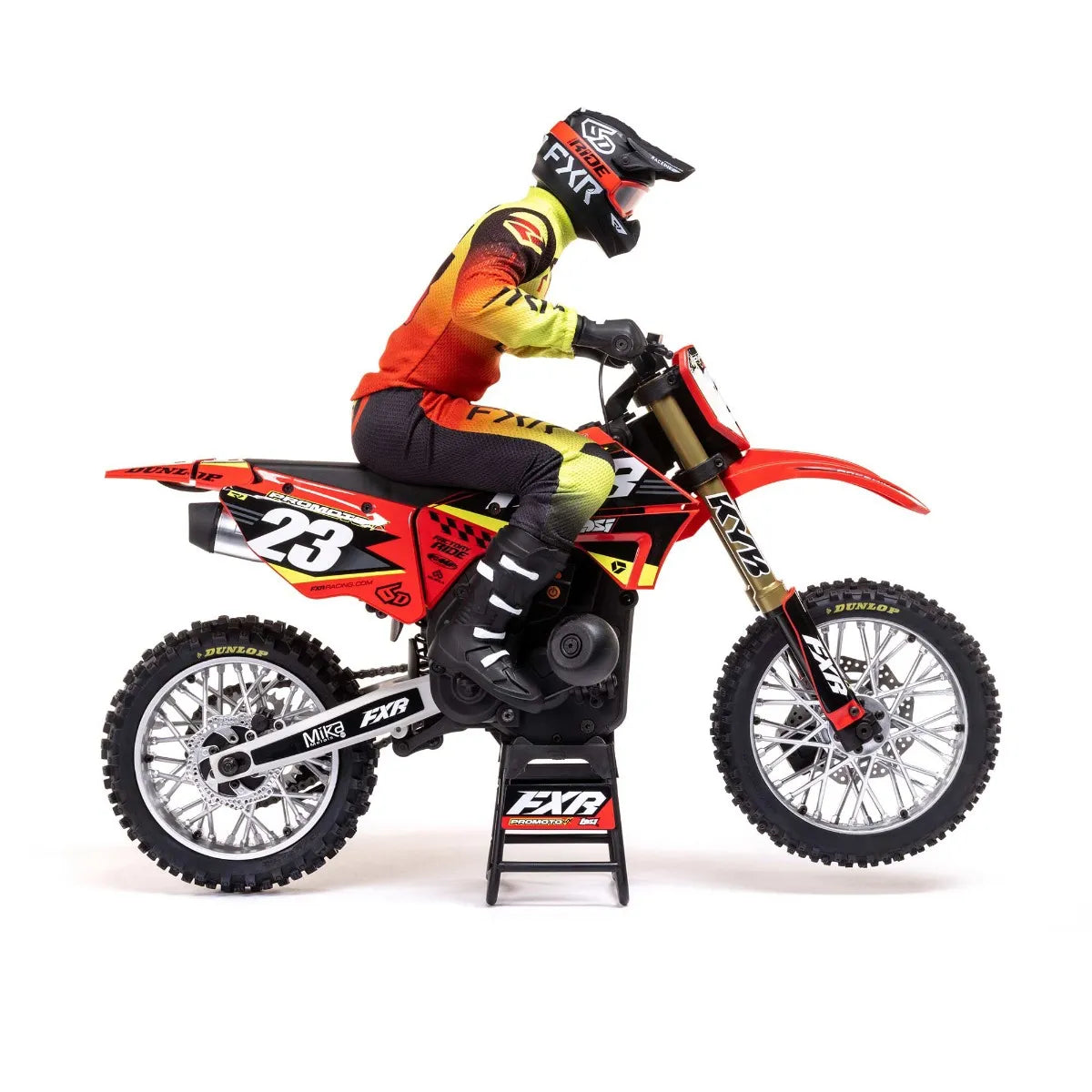 Detailed RC motorcycle with rider in full gear, featuring a sleek red and yellow design.