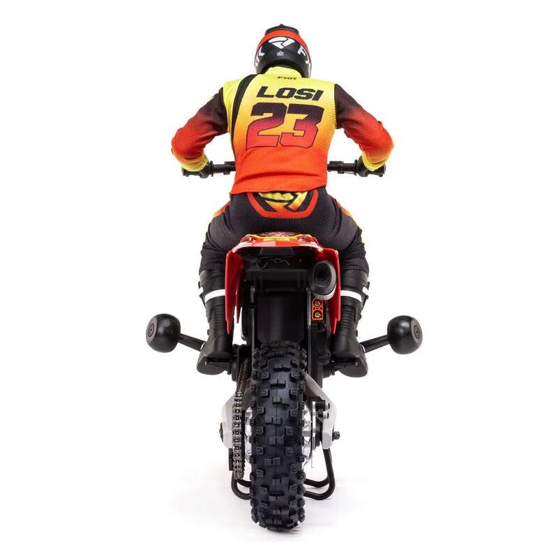 Losi Promoto-MX 1/4 scale RC motorcycle in FXR racing scheme, featuring detailed rider figure.
