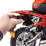 Losi Promoto-MX 1/4 Motorcycle RTR, FXR Scheme - Detailed RC motorcycle model with vibrant orange and black color scheme, ready for dynamic off-road action.