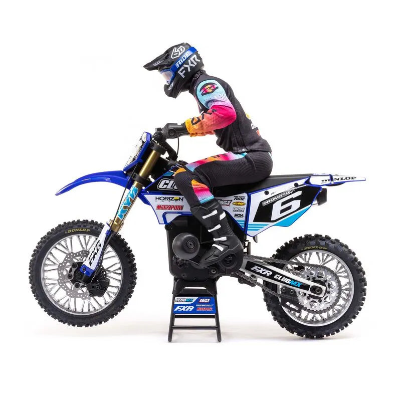 Detailed RC Motorcycle: Losi Promoto-MX 1/4 scale motorcycle in ClubMX racing scheme, fully equipped with accessories and realistic rider figure.
