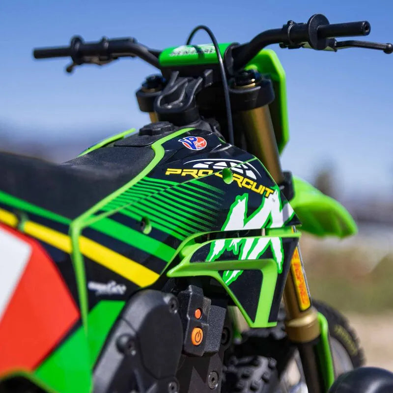 Sleek Pro Circuit motorcycle model with bright green and black color scheme, featuring a powerful engine and advanced suspension system.