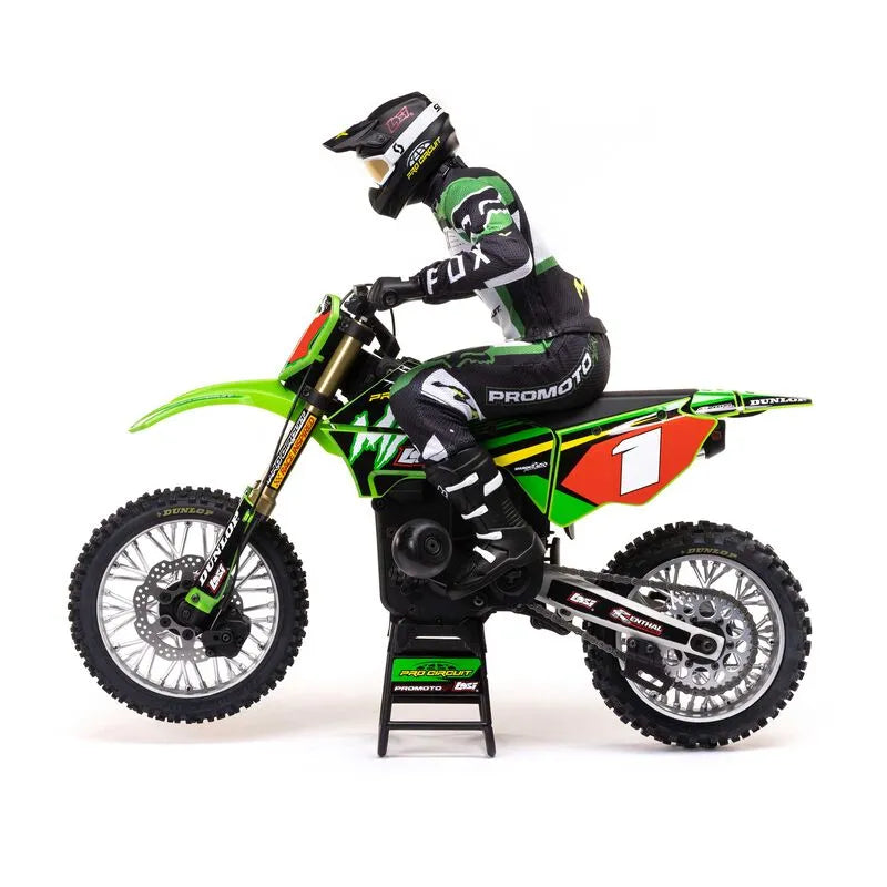 Highly detailed miniature Losi Promoto-MX 1/4 Motorcycle in Pro Circuit scheme, featuring a green and black color scheme, prominent branding, and realistic off-road motorcycle design.