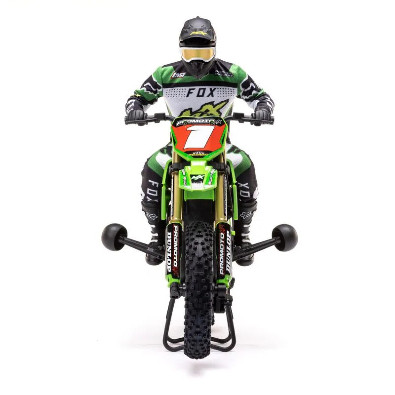 Realistic green and black RC motorcycle with Pro Circuit scheme, ready-to-ride combo with battery and charger.