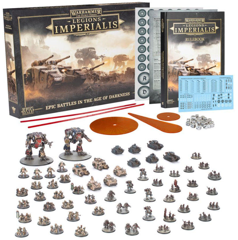 Detailed tabletop game set "03-01 Legions Imperialis: The Horus Heresy starter set" by Games Workshop, featuring miniature figurines, game board, and rule book.