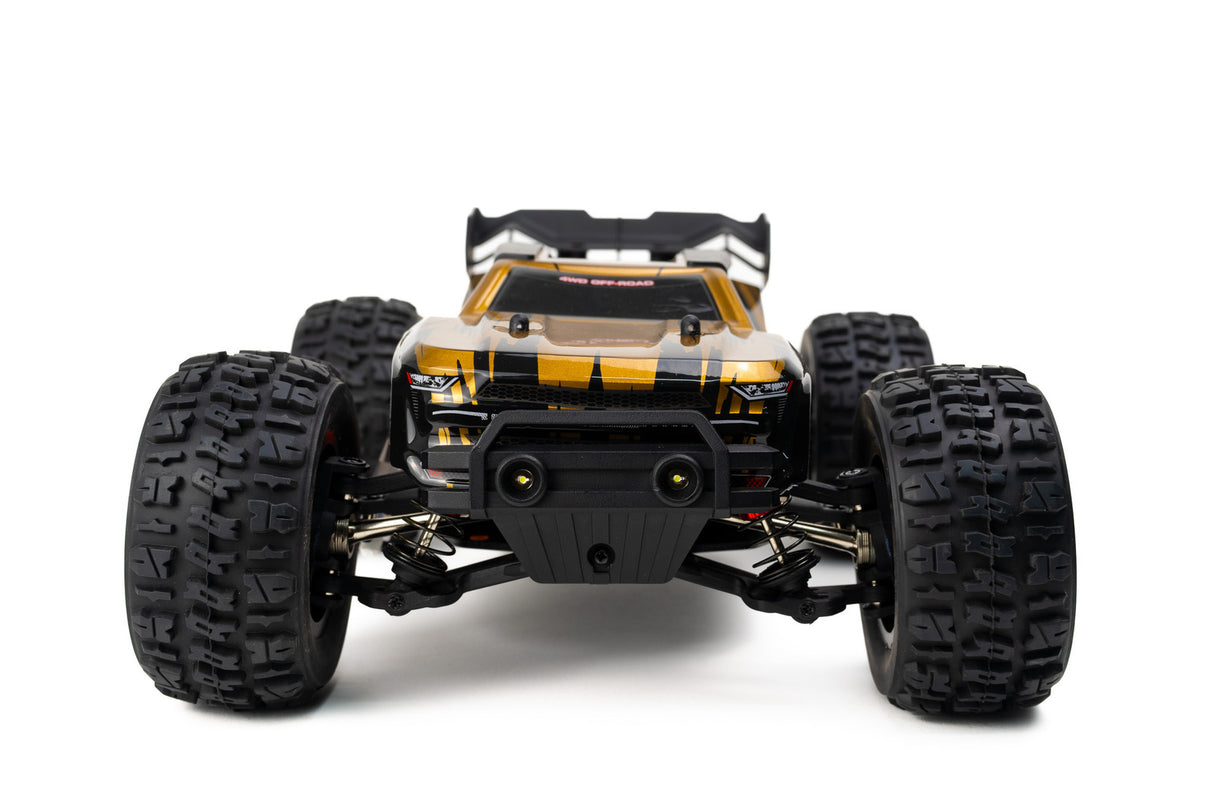 High-performance MJX RC off-road truggy with rugged 4WD chassis and bold yellow accents.