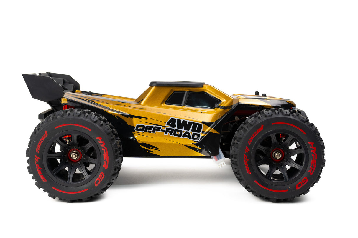 Rugged MJX 1/14 Hyper Go 4WD Off-road Brushless RC Truggy in striking yellow.