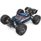 Sleek MJX RC buggy with rugged 4WD off-road design, brushless motor, and bold blue and black color scheme.