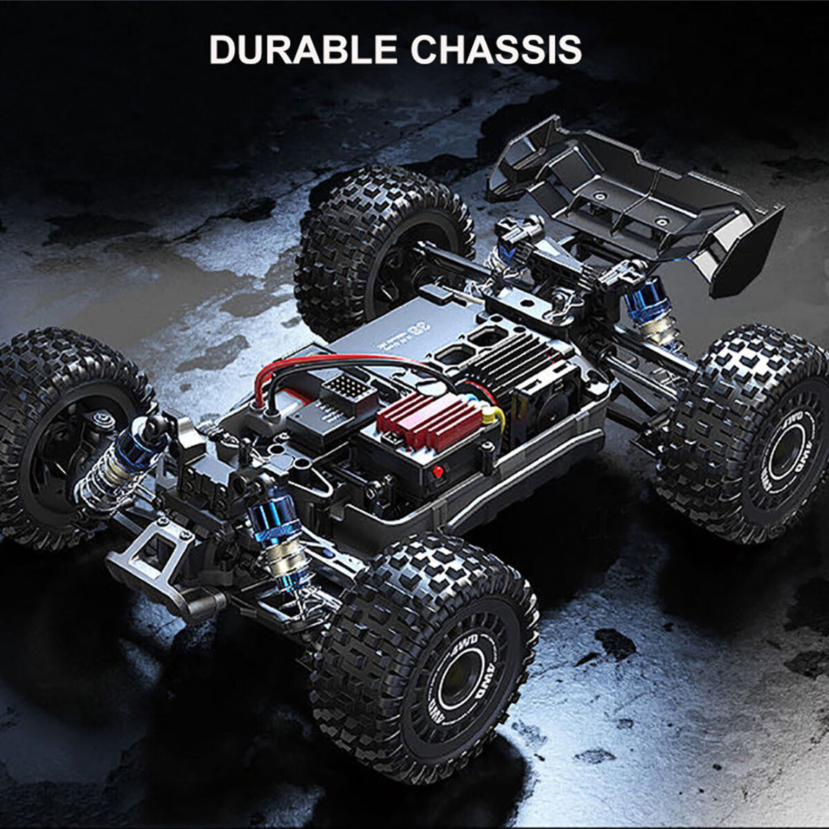 Rugged off-road RC buggy with powerful brushless motor and durable chassis design for extreme terrain exploration.
