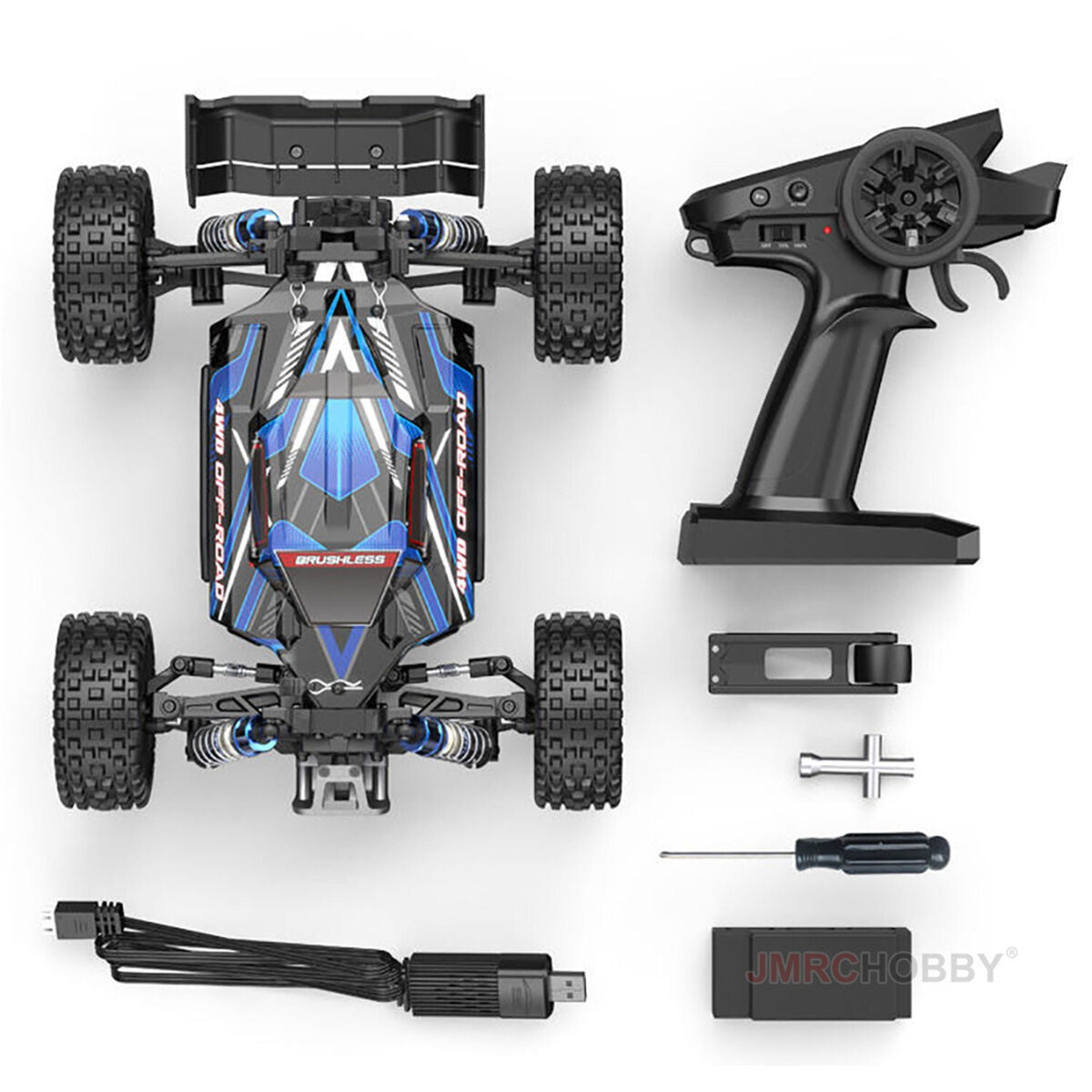 Sleek off-road RC buggy with rugged tires, powerful brushless motor, and remote control for thrilling outdoor adventures.
