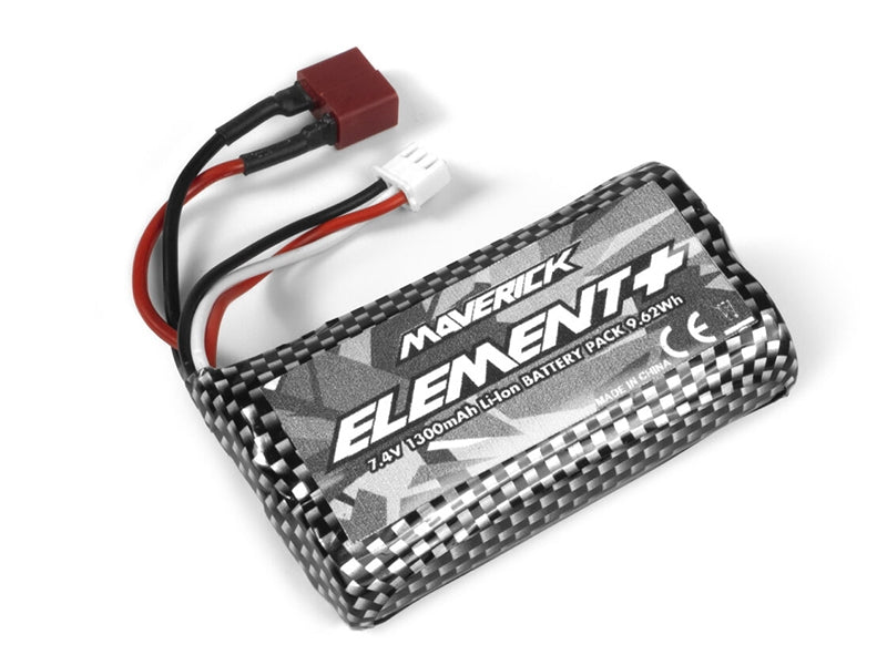 Maverick Element 7.4V 1300mAh Li-Ion Battery Pack - Atom, a compact and lightweight RC car battery with carbon fiber design.