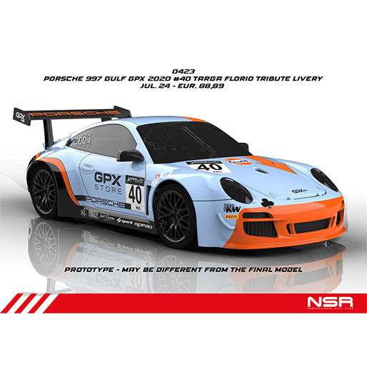 NSR 0423SW 1/32 Porsche 997 GT3 Gulf GPX 2020 No.40 Targa Florio Tribute Livery Slot Car