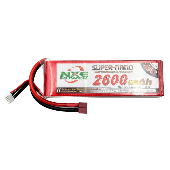 Compact 2600mAh 4S Softcase LiPo Battery by NXE Power, featuring Deans connector for RC applications.