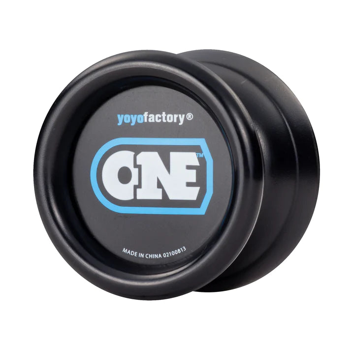 Sleek black yo-yo with the "ONE" logo from the YoYo Factory brand, ideal for toy section display.