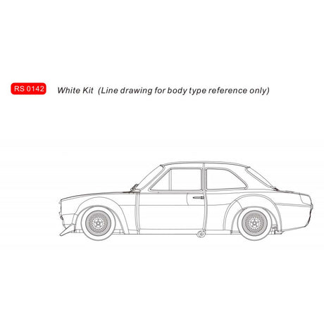 White Ford Escort Slot Car Kit - A detailed line drawing of a classic Ford Escort sports car model, highlighting the vehicle's sleek and dynamic design. The image provides a reference for the body type of this REVO Slot RS-0142 scale model kit.