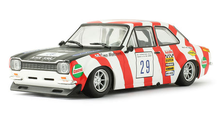 Detailed model of a Ford Escort Mk1 Castrol #29 slot car, featuring a sleek, aerodynamic design in vibrant red and white colors with sponsors' logos. This high-performance slot car is perfect for racing enthusiasts and collectors alike.