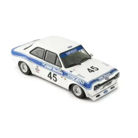 REVO Slot RS-0185 Ford Escort Mk1 #4 Slot Car on a white and blue racing livery display