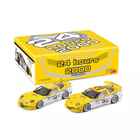 Twin Pack of Chevrolet Corvette C5-R Slot Cars
This image showcases a pair of 1:32 scale slot cars featuring the Chevrolet Corvette C5-R race car models. The cars are presented in a yellow and black color scheme, with the "24 hours 2000" branding prominently displayed. The slot cars appear to be part of the REVO Slot brand, a renowned manufacturer of high-quality slot racing products.