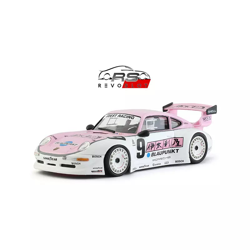 REVO Slot 1/32 scale Porsche 911 GT2 No.9 Joest Racing Japan Slot Car. The model features a distinctive pink and white racing livery with sponsor logos and a sharp, aerodynamic design.