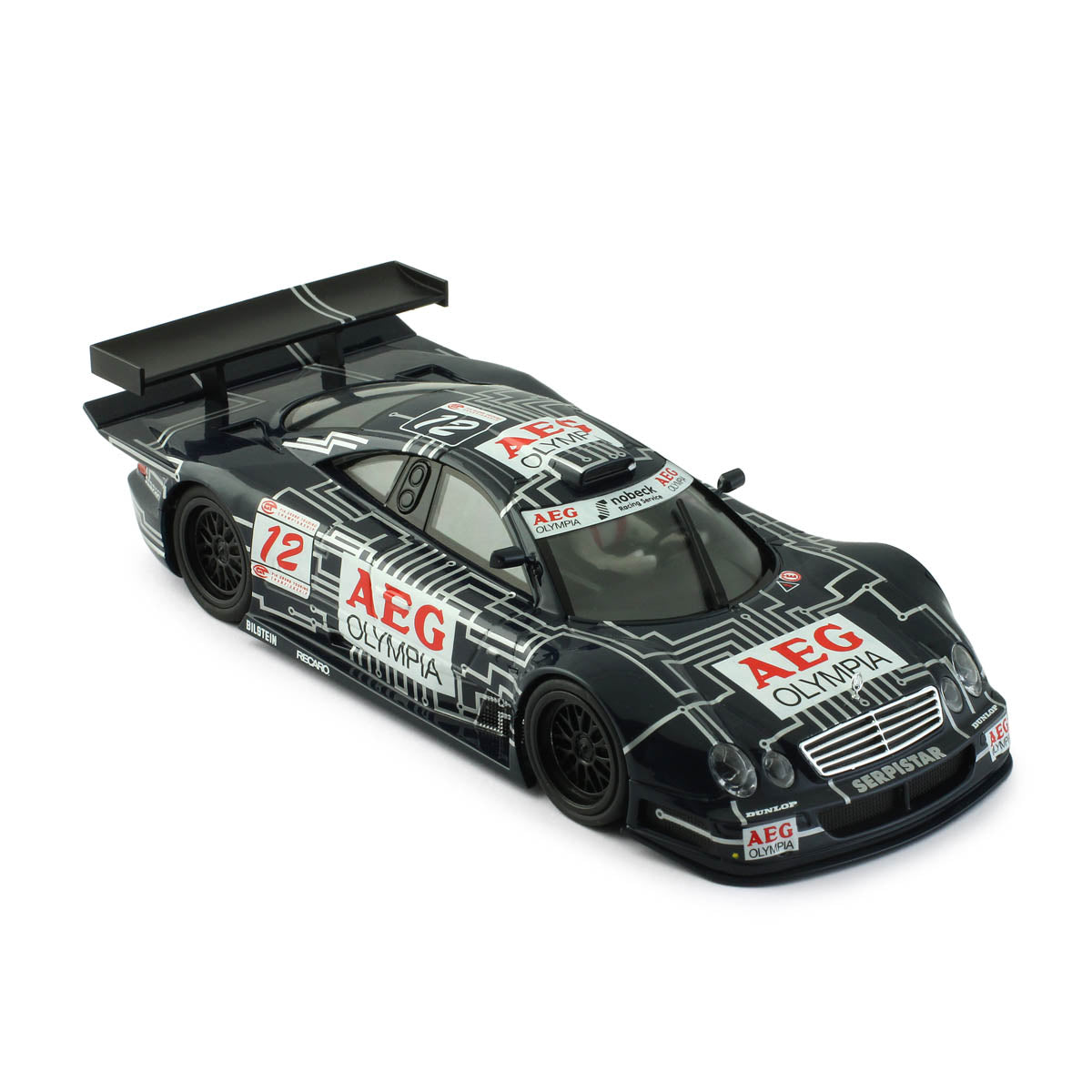 1/32 scale model Mercedes CLK GTR race car in black with AEG branding and race livery on display.