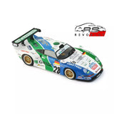 Detailed 1/32 scale Porsche 911 GT1 #28 Konrad Motorsport slot car model with vibrant green, blue, and white color scheme and sponsor decals displayed on a white background.