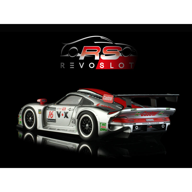 REVO Slot 0213 1/32 Porsche 911 GT1 #16 Roock Racing Slot Car - A detailed and stylish slot car model featuring the REVO Slot branding and a classic Porsche racing design.