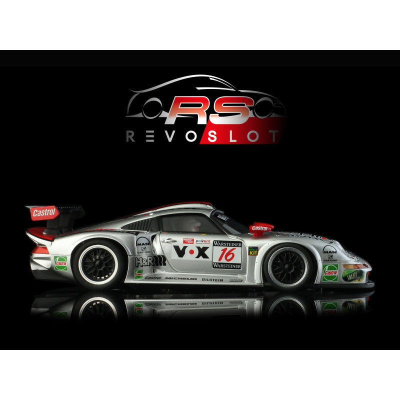 Detailed 1/32 scale Porsche 911 GT1 #16 Roock Racing slot car model on a dark background with the REVO Slot logo prominently displayed.