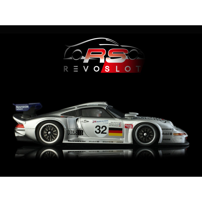 High-performance REVO Slot 0214 1/32 scale model Porsche 911 GT1 race car in silver and red livery on black background.