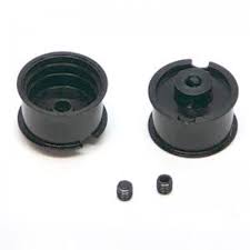 Pair of black aluminum alloy wheels for REVO Slot RS-117 Marcos LM600 slot car model, featuring custom designs and precision engineering for enhanced performance.