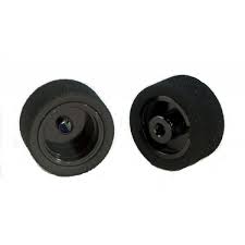 Pair of black REVO Slot RS-118S rear wheels and sponge tires for Marcos slot car model, ready for high-performance racing on the track.