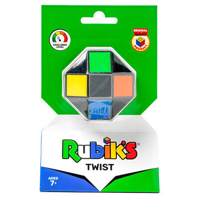 Colorful Rubiks Twist puzzle in toy packaging, featuring twisting and turning shapes for mental stimulation.