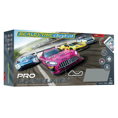 Sleek Scalextric Pro Platinum GT slot car set, featuring high-performance vehicles racing on a dynamic track.