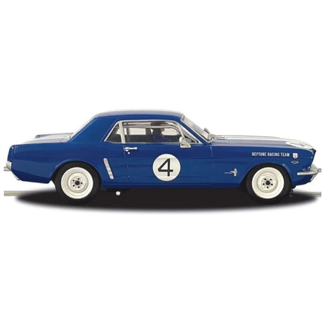 Racing blue Ford Mustang slot car from Scalextric, with racing number 4 and classic sports car design.