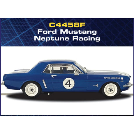 Blue Ford Mustang race car with racing number 4 on the side, the car is on a simple plain blue background.