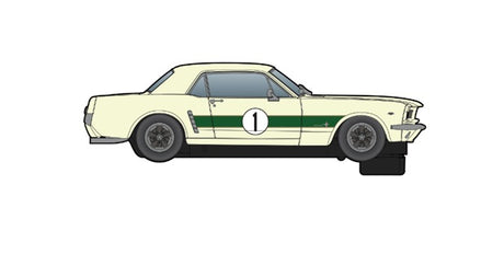 Vintage Ford Mustang slot car in yellow and green livery with racing number 1.