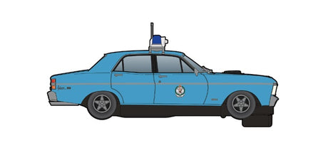 Detailed police-liveried Ford XY Falcon slot car, ready for high-speed pursuits on the track.