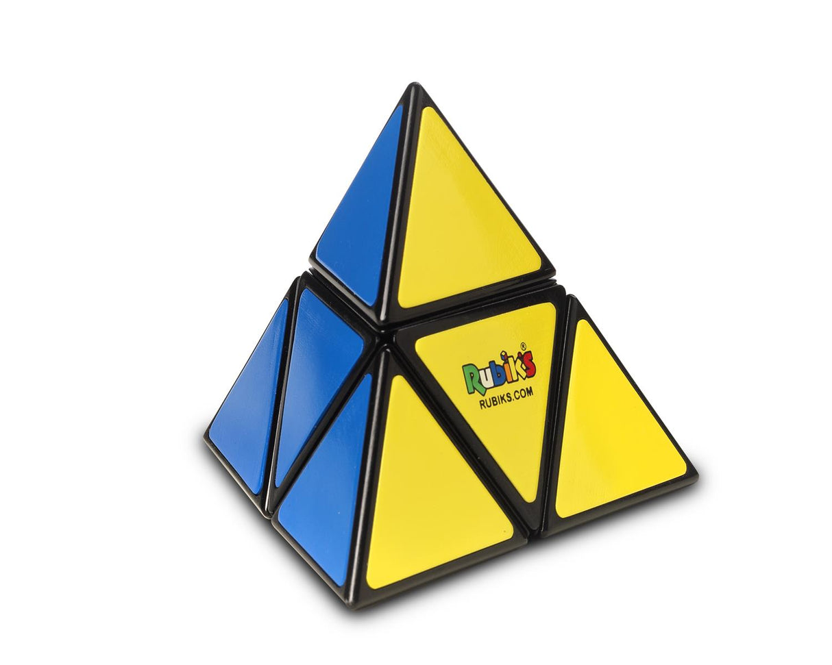 Vibrant Rubik's Pyramid toy, featuring a classic puzzle design with bright blue and yellow triangular panels.