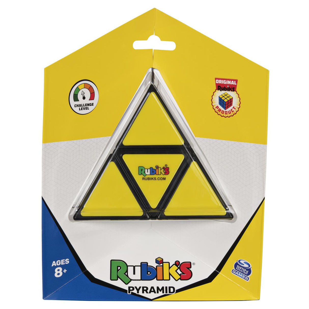 Colorful Rubik's Pyramid: A classic puzzle toy featuring a triangular shape and multiple panels to twist and solve.