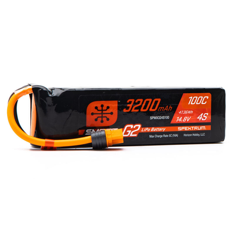 High-capacity 3200mAh 4S 100C smart LiPo battery with IC3 connector from Spektrum brand.
