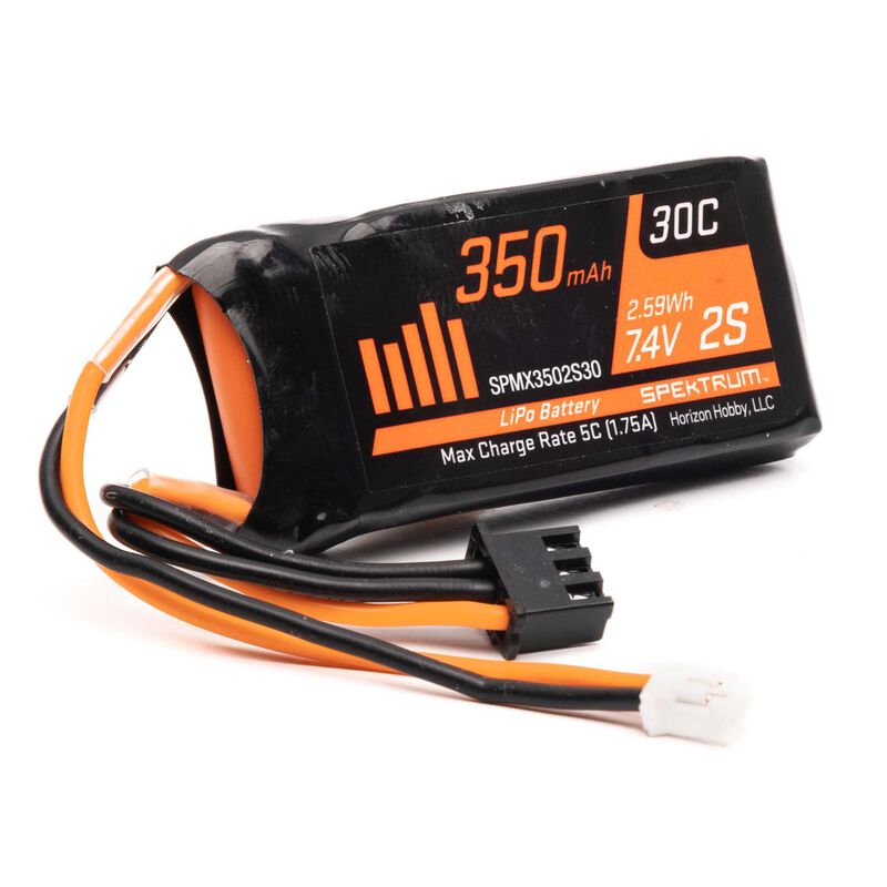 Compact 350mAh 2S 7.4V LiPo battery with PH2.0 connector, featuring an orange and black design for RC hobby applications.