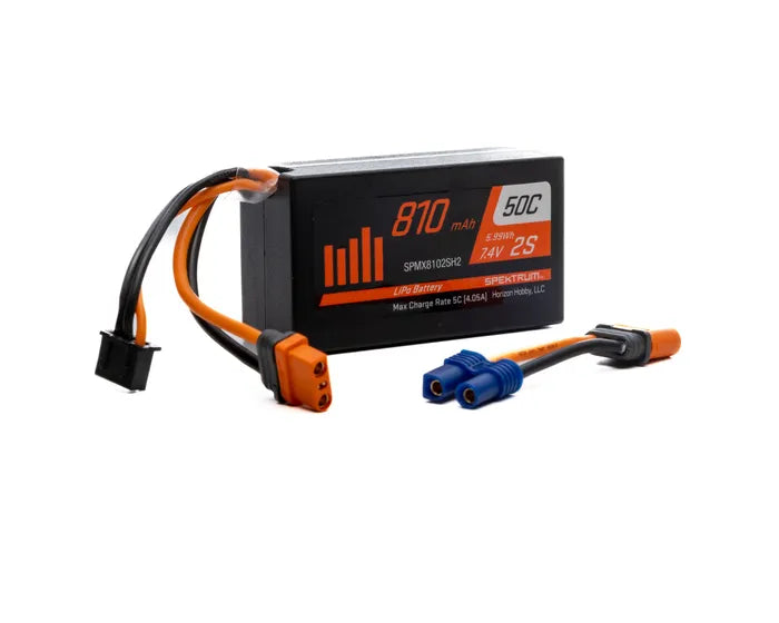 Compact 810mAh 2S 7.4V 50C LiPo battery with IC2 connector, designed for RC models and devices.
