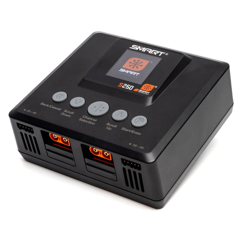 Dual-channel AC charger for Spektrum Smart batteries with 2x50w output, digital display, and intuitive controls.