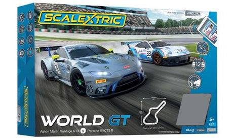 Scalextric C1434 World GT Arc Air Slot Car Set featuring high-speed racing cars on a dynamic racetrack backdrop.