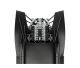 Sleek black Batmobile replica from Scalextric's The Batman 2022 slot car set, featuring intricate engine details and distinctive angular design.