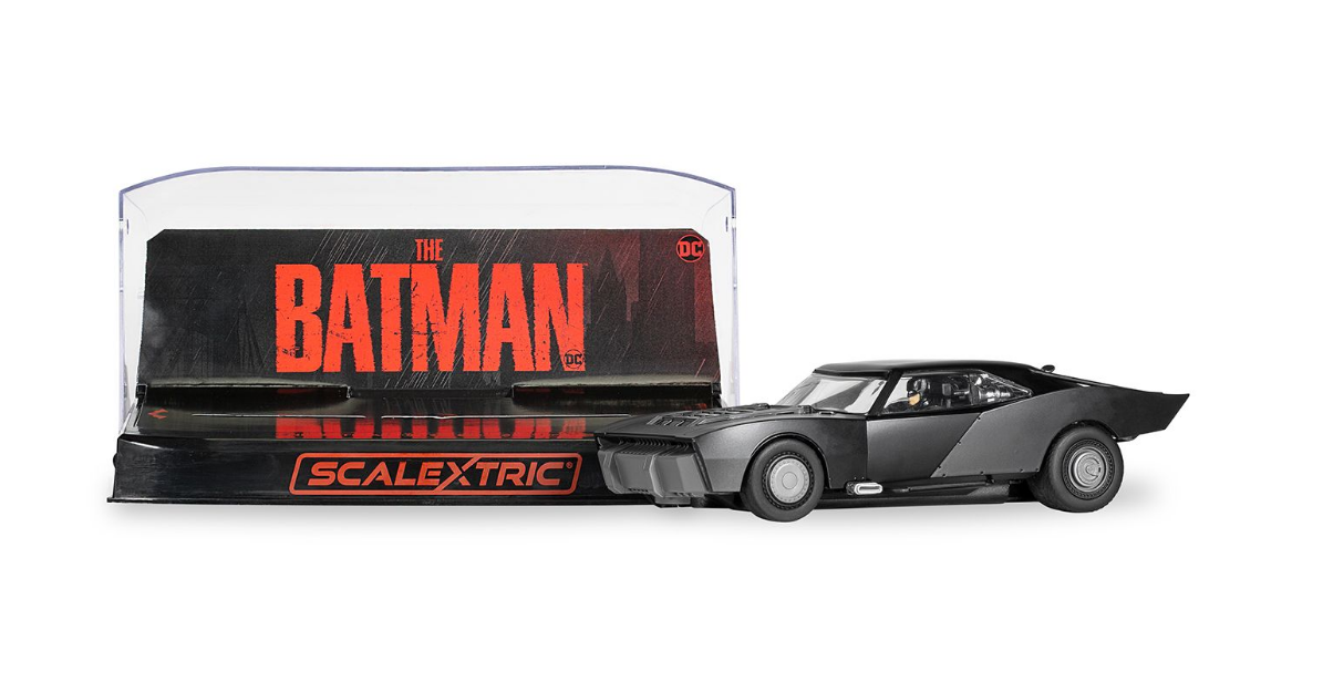 Sleek, iconic Batmobile from The Batman 2022 film, part of the Scalextric slot car collection.