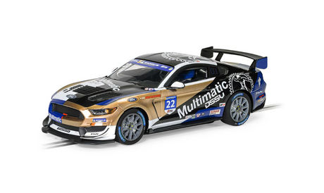 Detailed Scalextric 4403 Ford Mustang GT4 slot car in Canadian GT 2021 Multimatic Motorsport livery, featuring sleek design, bold graphics, and racing-inspired features.
