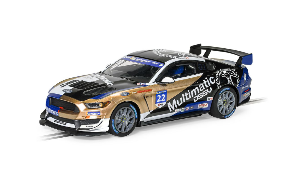 Detailed Scalextric 4403 Ford Mustang GT4 slot car in Canadian GT 2021 Multimatic Motorsport livery, featuring sleek design, bold graphics, and racing-inspired features.