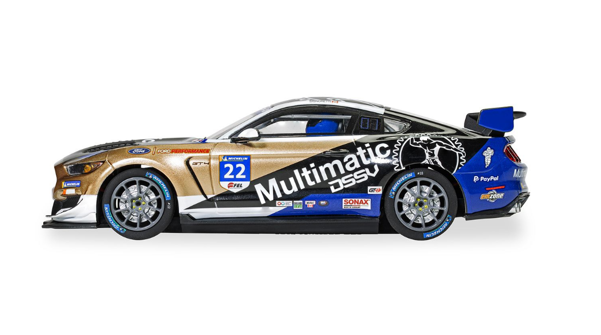 Sleek Scalextric slot car with Multimatic Motorsport livery, ready for Canadian GT racing.