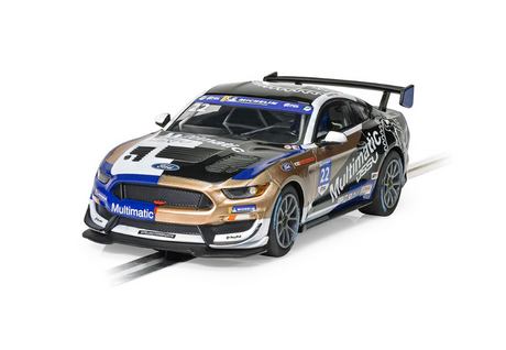 Sleek Scalextric Ford Mustang GT4 race car, adorned with colorful team decals, poised for high-speed thrills on the track.