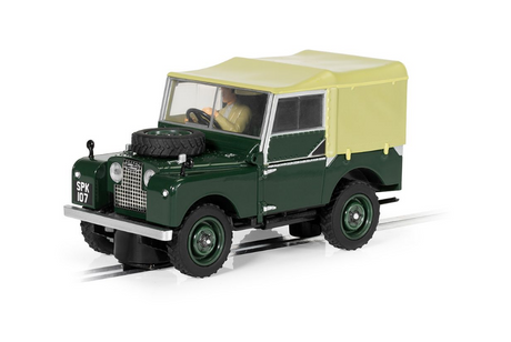 Authentic green Scalextric 4441 Land Rover Series 1 slot car, detailed model with vintage design and functional features.