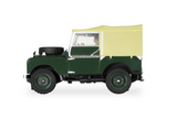 Classic green Land Rover Series 1 slot car model with retractable canvas top.